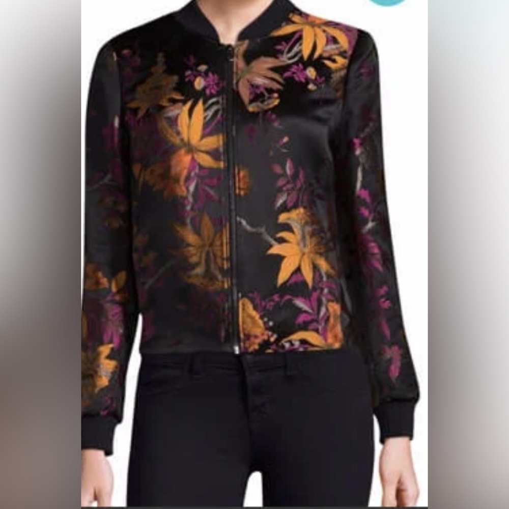 Kobi Halperin Silk Black and Orange Bomber Jacket with Floral Design Size Medium